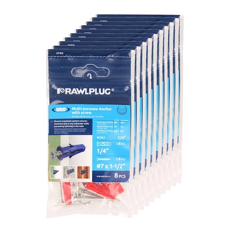 Rawlplug MULTI-PURPOSE ANCHOR 1/4 WITH SCREWS 8X1-3/4 (BAG OF 8) CASE OF 10, PK80 R-S0-UNO1/4+7-1-C